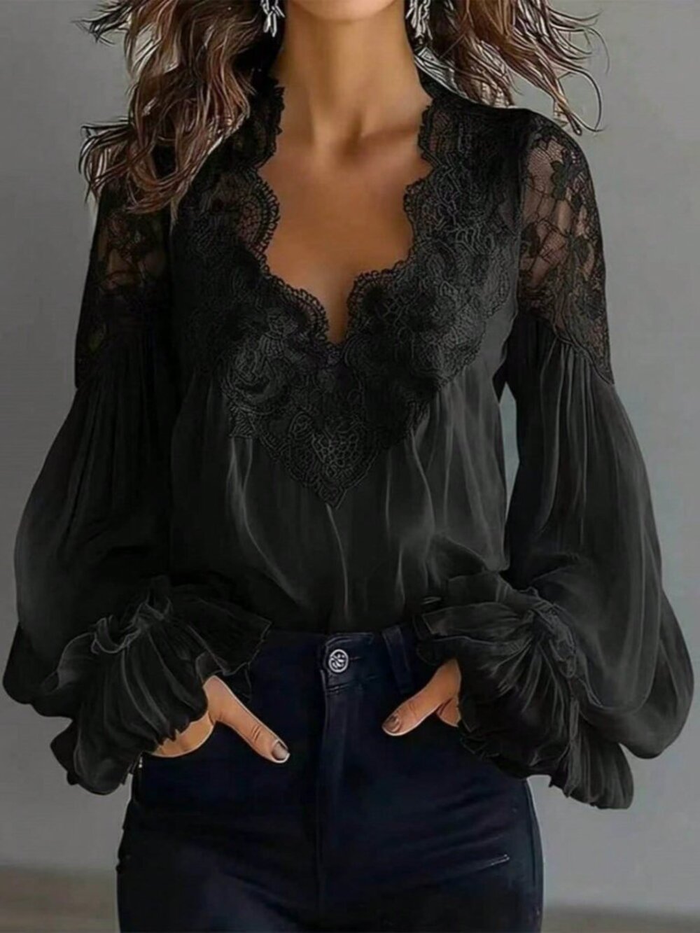 Black Casual Women's Lace Trim V-Neck Long Sleeve Ruffle Cuff Chiffon Blouse